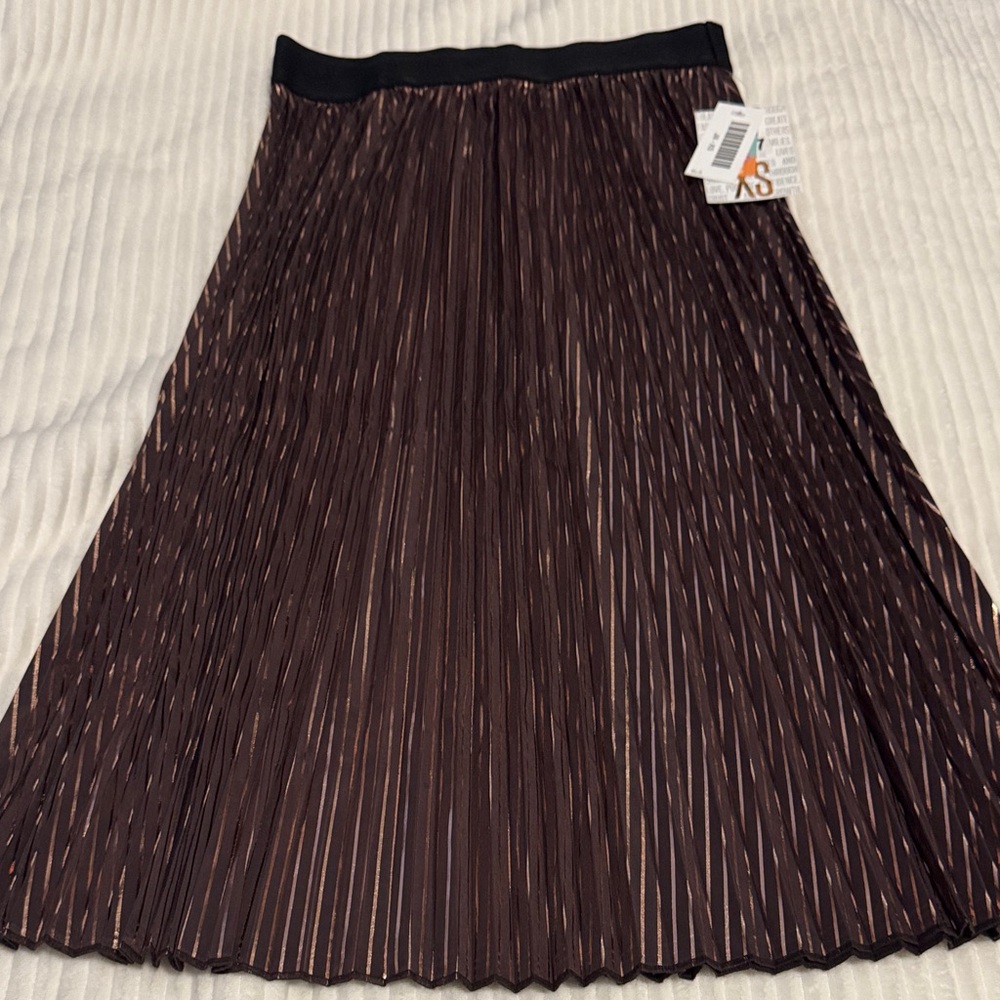 LuLaRoe Chocolate Brown Gold Bronze Elegant Collection Pleated Midi Skirt